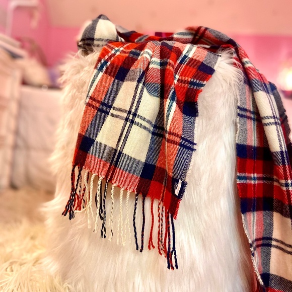 Red/Blue/Cream Tartan Plaid Fringe Scarf Women’s Normcore Cozy Winter Christmas - Picture 2 of 4